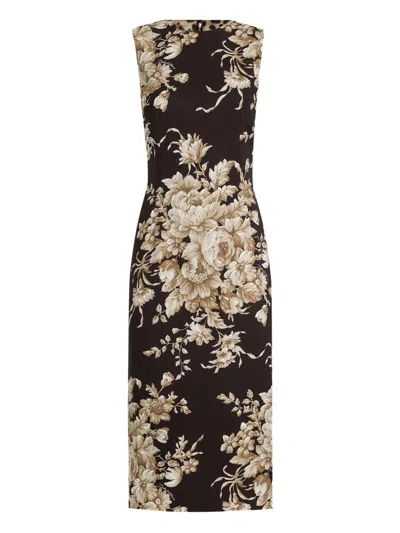 Dolce & Gabbana Rose Cretonne Charmeuse Sleeveless Midi Dress In Black