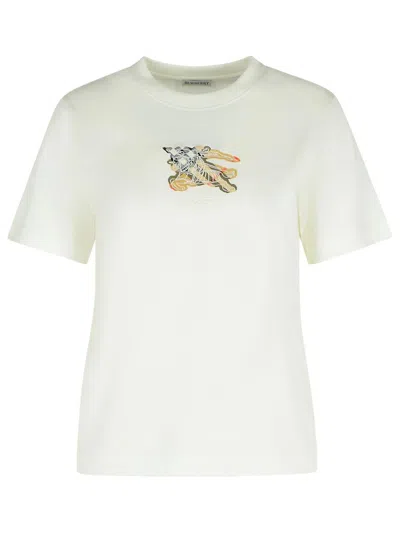 Burberry Ribbed Cotton T-shirt With Equestrian Motif And Logo Patch In White