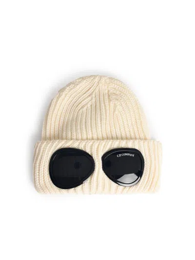 C.p. Company Goggles-detail Ribbed Beanie In White