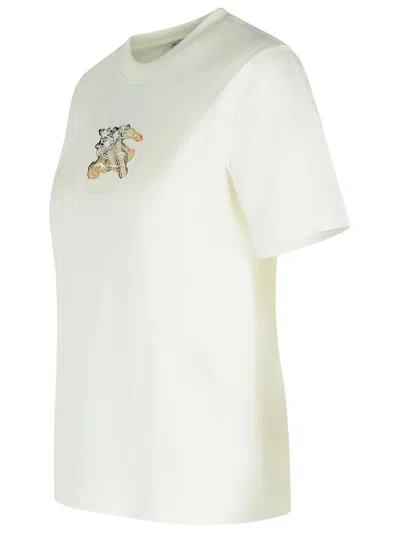 Burberry Ribbed Cotton T-shirt With Equestrian Motif And Logo Patch In White