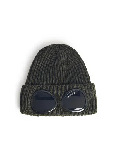 C.p. Company Men Blue And Green Wool Braided Pattern Glasses Detail Ribbed Brim Close-fitting In Black