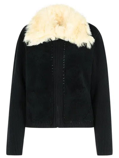 Marni Knitted Jacket With Faux Fur Collar In Black