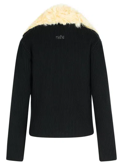 Marni Knitted Jacket With Faux Fur Collar In Black
