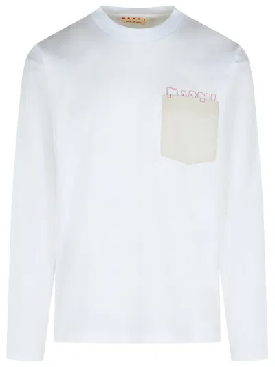 Marni Long-sleeved White Cotton T-shirt With Contrast Chest Pocket In Blue