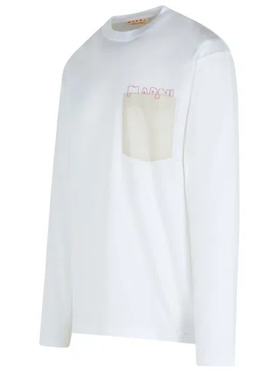 Marni Long-sleeved White Cotton T-shirt With Contrast Chest Pocket In Blue