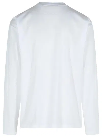 Marni Long-sleeved White Cotton T-shirt With Contrast Chest Pocket In Blue