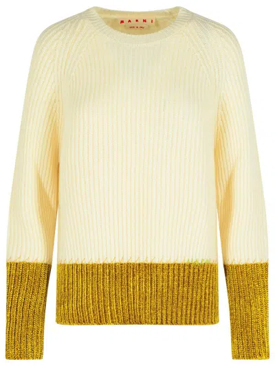 Marni Relaxed Fit Roundneck Knit Sweater With Ribbed Texture In Yellow