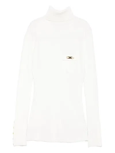 Elisabetta Franchi Ribbed Knit Turtleneck Top With Breast Pocket Clothing In White
