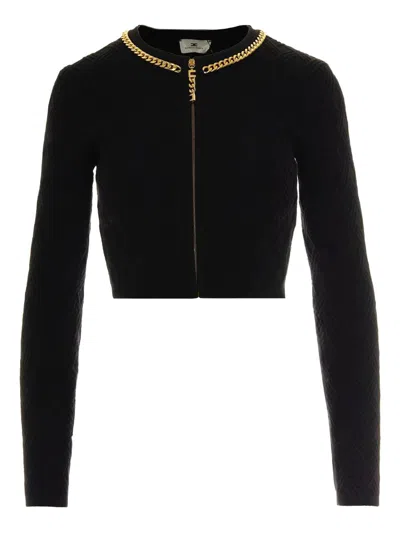 Elisabetta Franchi Cardigan In Maglia A Rombi Con Dettaglio Gioiello Bordeaux In Black