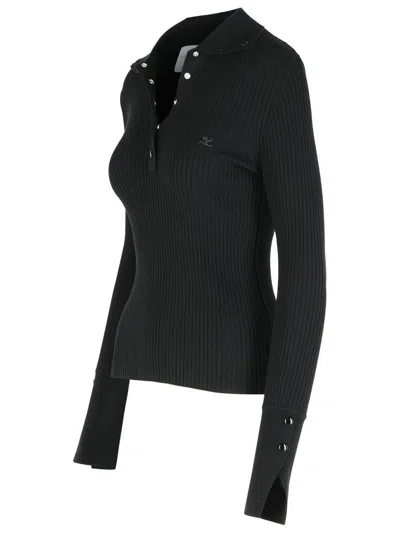 Courrèges Fitted Ribbed Long-sleeve Top With Unique Collar In Black
