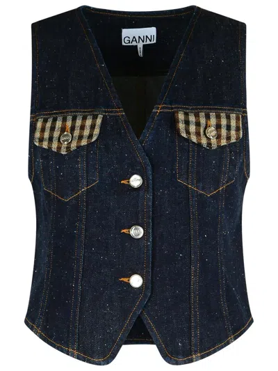 Ganni Neppy Checked Tweed-trimmed Organic Denim Vest In Blue