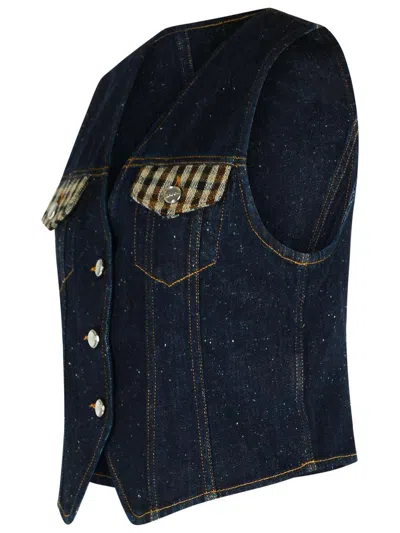 Ganni Neppy Checked Tweed-trimmed Organic Denim Vest In Blue