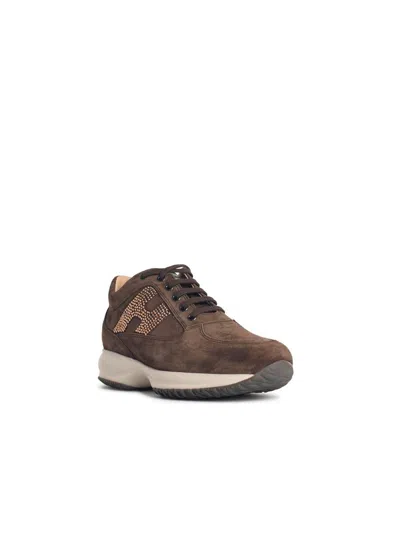 Hogan Chocolate Suede Sneakers With Rhinestone Logo In Brown