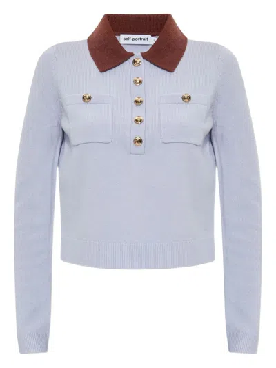 Self-portrait Light Blue Knit Contrasting Collar Polo Shirt In Blue