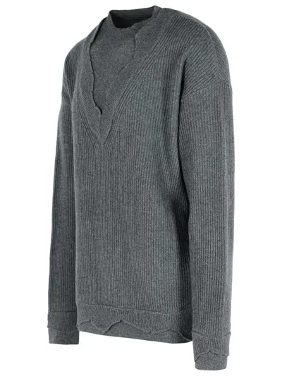 Laneus V Neck Ribbed Sweater With Long Sleeves In Gray