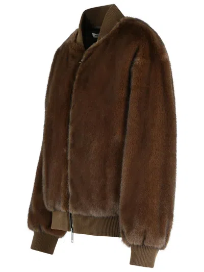 P.a.r.o.s.h . Faux Fur Bomber Jacket With Textured Appearance And Ribbed Details In Brown