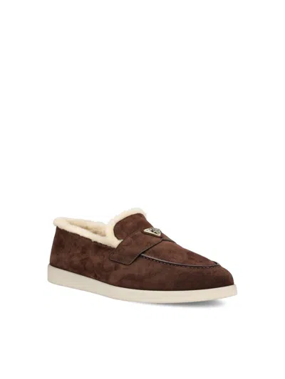 Prada Suede Loafers With Round Toe And Rubber Sole In Brown