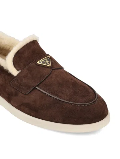 Prada Suede Loafers With Round Toe And Rubber Sole In Brown