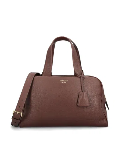 Prada Large Leather Satchel Bag In Brown