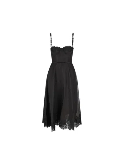 Zimmermann Hypnotic Picnic Belted Lace-trimmed Linen And Silk-blend Midi Dress In Black