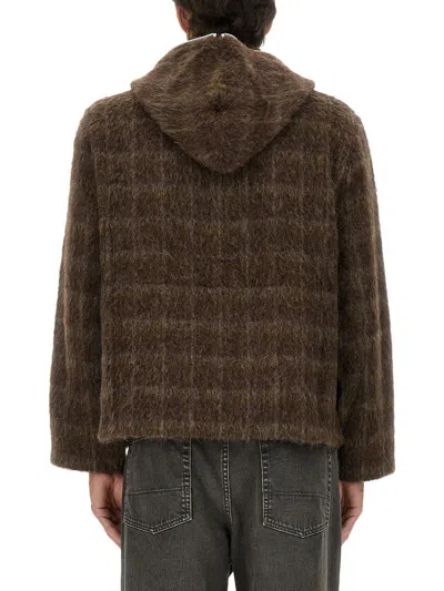 Our Legacy Textured Checkered Hooded Jacket With Long Sleeves In Brown