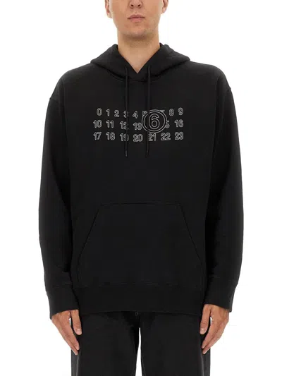 Mm6 Maison Margiela Numeric Print Black Hoodie With Front Kangaroo Pocket In Black