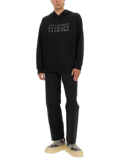 Mm6 Maison Margiela Numeric Print Black Hoodie With Front Kangaroo Pocket In Black