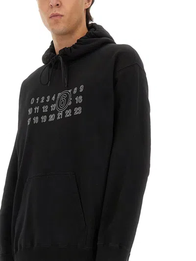 Mm6 Maison Margiela Numeric Print Black Hoodie With Front Kangaroo Pocket In Black