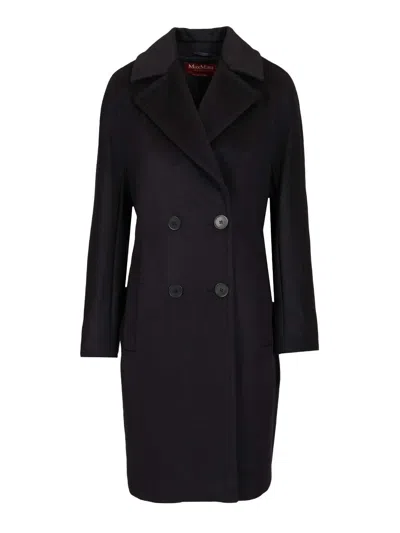 Max Mara Agenda Double Breasted Cocoon Long Wool Drap Coat Coats Blue In Black