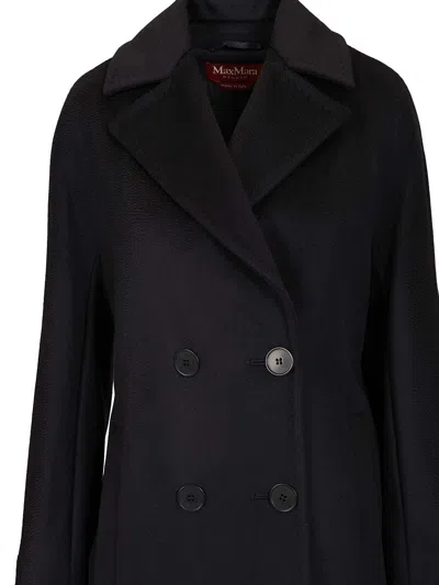Max Mara Agenda Double Breasted Cocoon Long Wool Drap Coat Coats Blue In Black