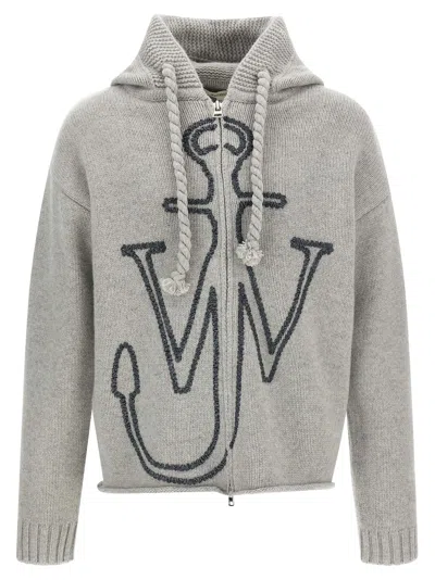 Jw Anderson Mens Light Grey Melange Anchor Zip-up Knitted Wool Hoody Xl In Gray