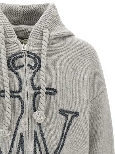 Jw Anderson Mens Light Grey Melange Anchor Zip-up Knitted Wool Hoody Xl In Gray