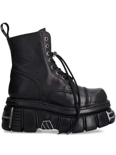 New Rock Metallic M-newmili083-s37 Lace-up Platform Boots In Black