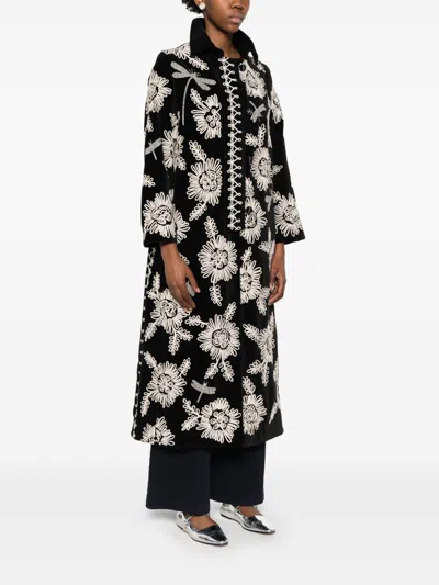Forte Forte Long Coat With Floral Embroidery And Pockets In Black