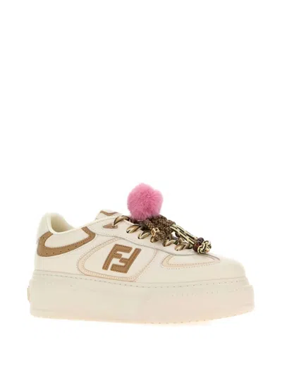 Fendi Low Top Platform Shoes In White Leather With Charm