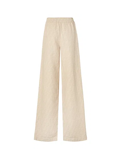 Fendi Women Ff Cotton And Linen Trousers In Neutral