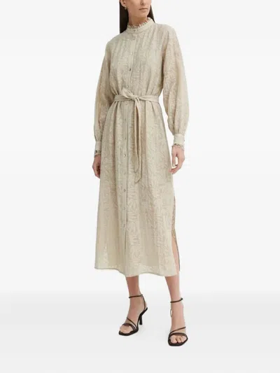 Bruuns Bazaar Leaf-print Lace-trimmed Midi Dress In Neutral