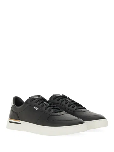 Hugo Boss Leather Trainers With Signature-stripe Details In Black