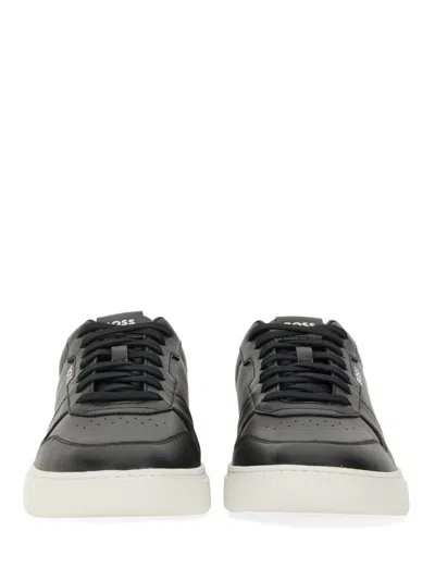 Hugo Boss Leather Trainers With Signature-stripe Details In Black
