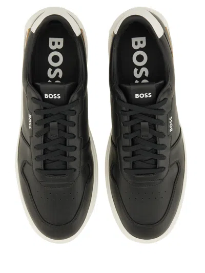 Hugo Boss Leather Trainers With Signature-stripe Details In Black