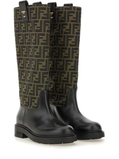 Fendi Tall Boots With Signature Monogram Pattern And Branded Detailing In Black
