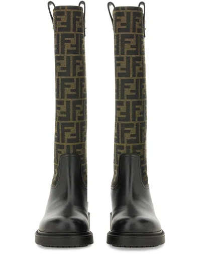 Fendi Tall Boots With Signature Monogram Pattern And Branded Detailing In Black