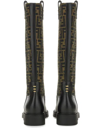 Fendi Tall Boots With Signature Monogram Pattern And Branded Detailing In Black