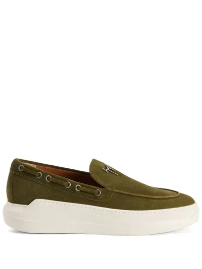 Giuseppe Zanotti Olive Green Suede Slip-on Loafers In White