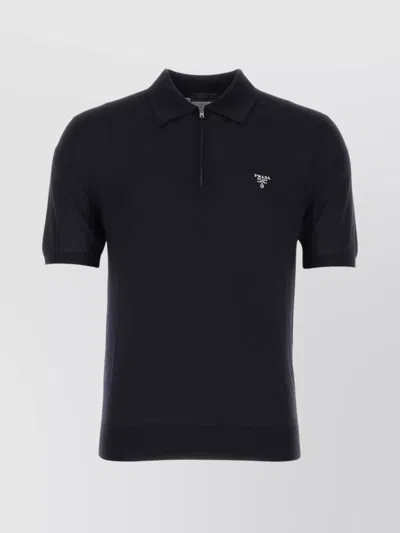 Prada Knit Polo T-shirt With Embroidered-logo In Black