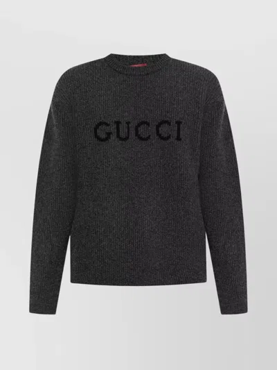 Gucci Grey Crewneck Sweater With Logo Lettering Embroidery On The Front In Wool Man In Green