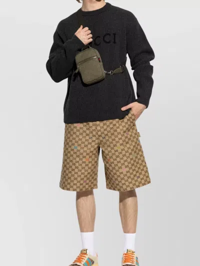 Gucci Grey Crewneck Sweater With Logo Lettering Embroidery On The Front In Wool Man In Green