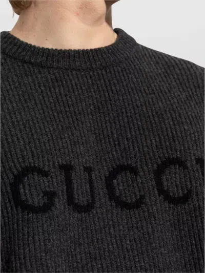 Gucci Grey Crewneck Sweater With Logo Lettering Embroidery On The Front In Wool Man In Green
