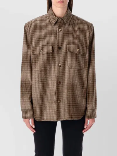 Saint Laurent Long Sleeve Checkered Overshirt Chest Pockets In Brown