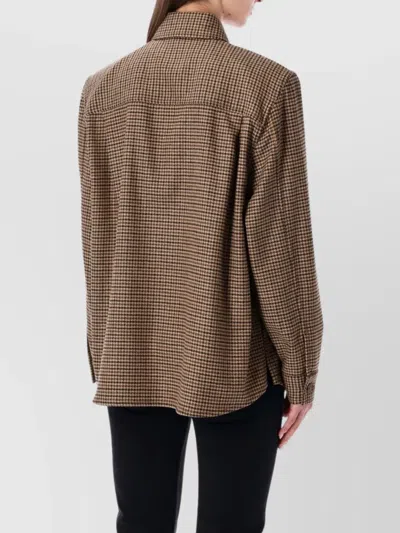 Saint Laurent Long Sleeve Checkered Overshirt Chest Pockets In Brown